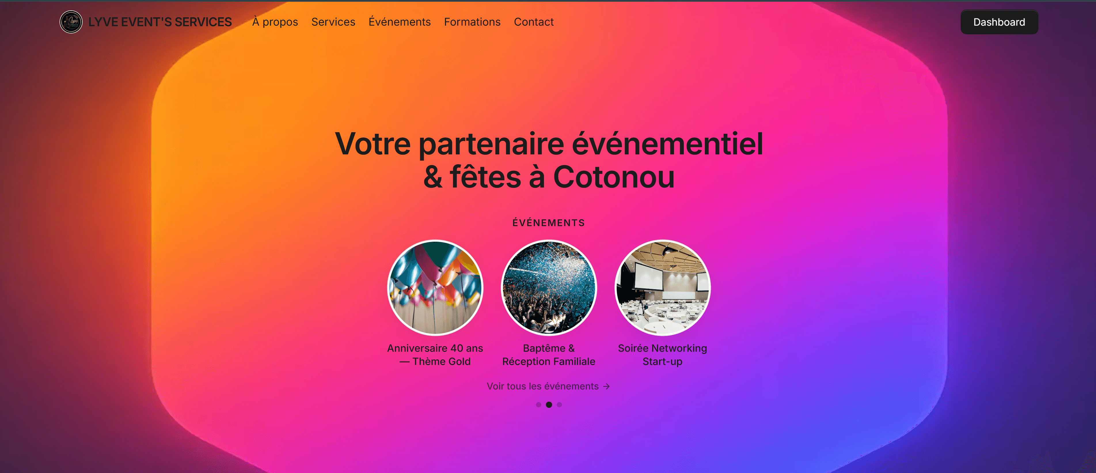 Vitrine Events-ERP, page d'accueil de l'entreprise